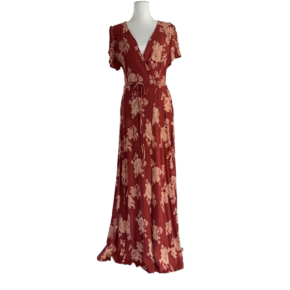 Lulus Rust Red Floral Maxi Dress True Wrap Slit Coquette Date Night Feminine XL - Picture 2 of 9